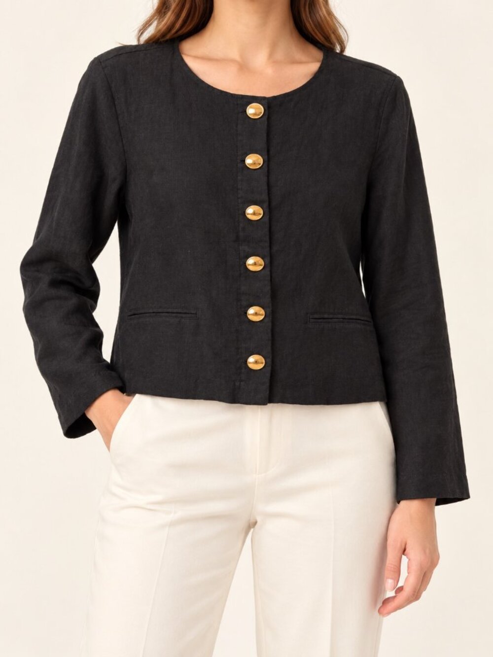 H Halston Black Linen Gold-Button Cropped Jacket Size L